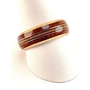 Guitar String Nordic Whiskey Barrel Wood Titanium Steel Ring in Yellow Gold